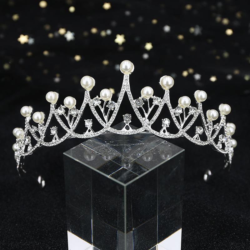 Kinder Koreanische einfache mit Diamanten besetzte Perlen Brautkrone Tiara Hochzeitskleid Accessoires Prinzessin Geburtstagsfeier Kleid Accessoires