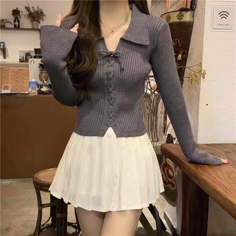 Polo Collar Long Sleeve Knitted Slim Petite Sweater for Women - Early Autumn Collection