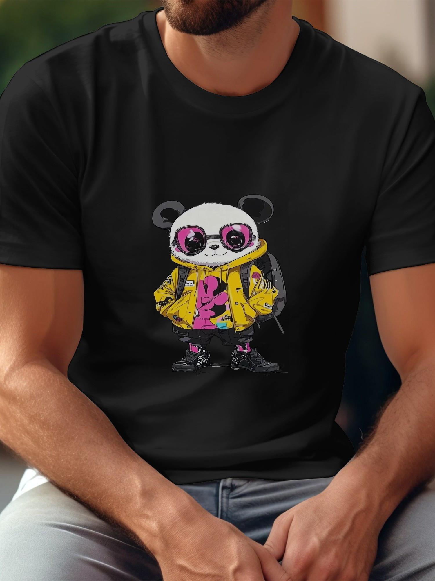 Panda Graffiti Graphic T-shirt - 180g Cotton Crew Neck Short Sleeve Tee with Vibrant Geometric Print XL