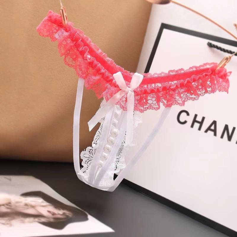 Plus Size Lingerie Women Lace Briefs Pearl Beading Panties For Sex Open Crotch Thongs G Strings Transparent Underwear
