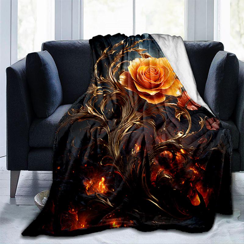 Golden Rose Flannel Blanket Elegant Leaf Print Throw for Sofa/Bed,Soft Fleece Gift for Women,Home Decor & Cozy Travel Essential