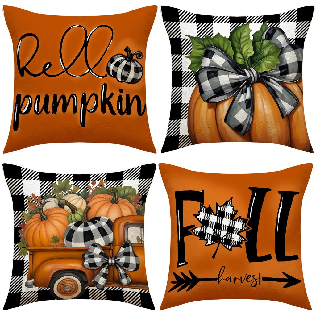 Thanksgiving Pillow Covers,Pumpkin & Autumn Leaf Design, Soft Flannel Sofa Cushion Covers for Home Decor,45x45cm, No Pillow Insert