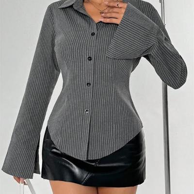 Women's Spring Striped Blouse with Flared Sleeves Casual Slim Fit Button Down Shirt