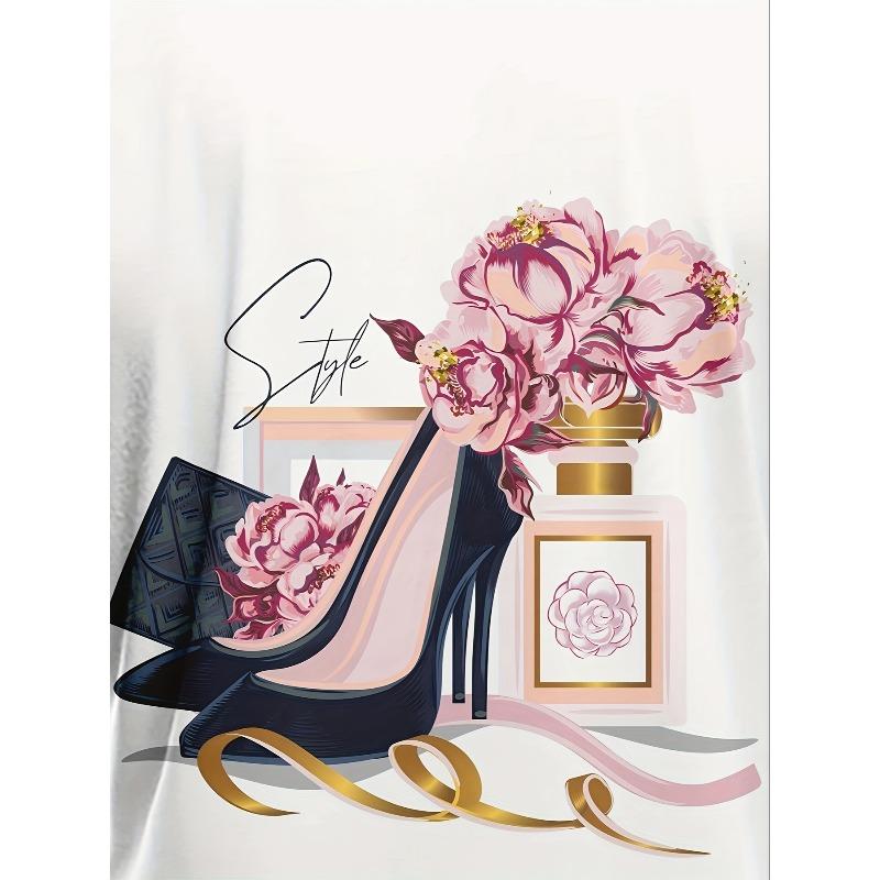 Europäische Größen Damen Ganzkörper-Print-T-Shirt mit 3D-Pinker Rose Schwarzem High-Heel-Schuh - Kurzarm Rundhals Lässige Bluse für - Tragen, Outfits