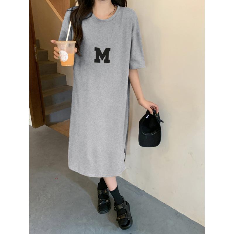 New Summer Large-size Women's Clothing Fat Mm Loose Belly Covering Bottom Shirt for Women Looking Slim Long Over-knee T-shirt Dress