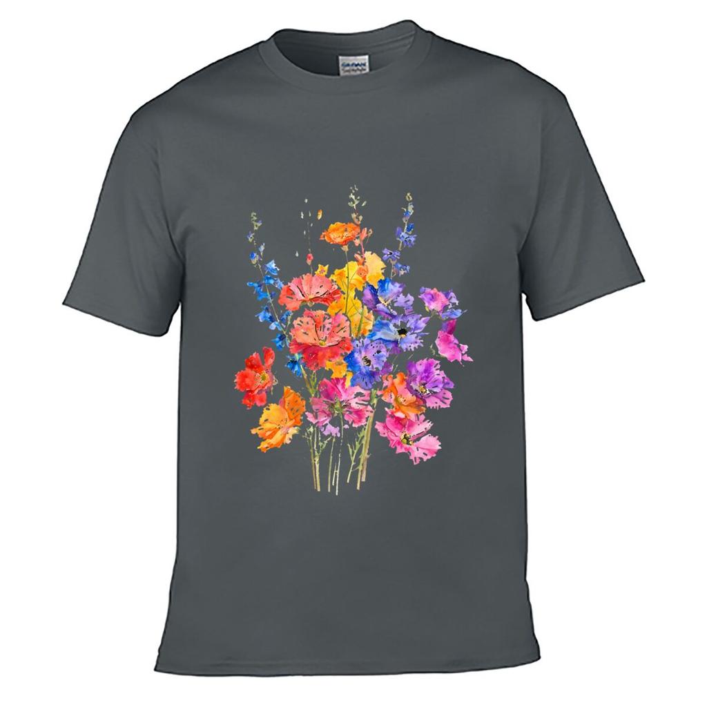 Colorful Wildflowers Watercolor Floral Bouquet Botanical Art Unisex Summer Washed Tee Loose Distressed Top