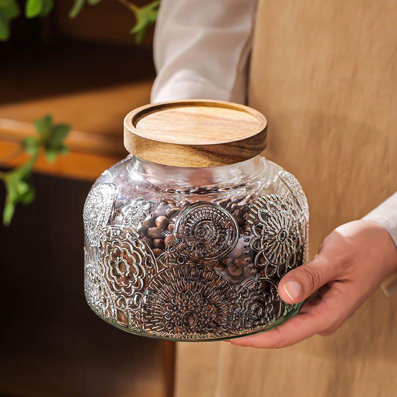 Vintage Begonia Pattern Glass Sealed Jar Storage Box Kitchen Household Dried Fruit Snacks Large Capacity Storage Jar Container
