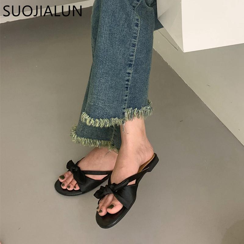 Fashion SUOJIALUN 2025 Summer New Brand Women Slipper Fashion Bow-knot Slip On Ladies Sandal Shoes Flat Heel Outdoor Casual Dress Slide