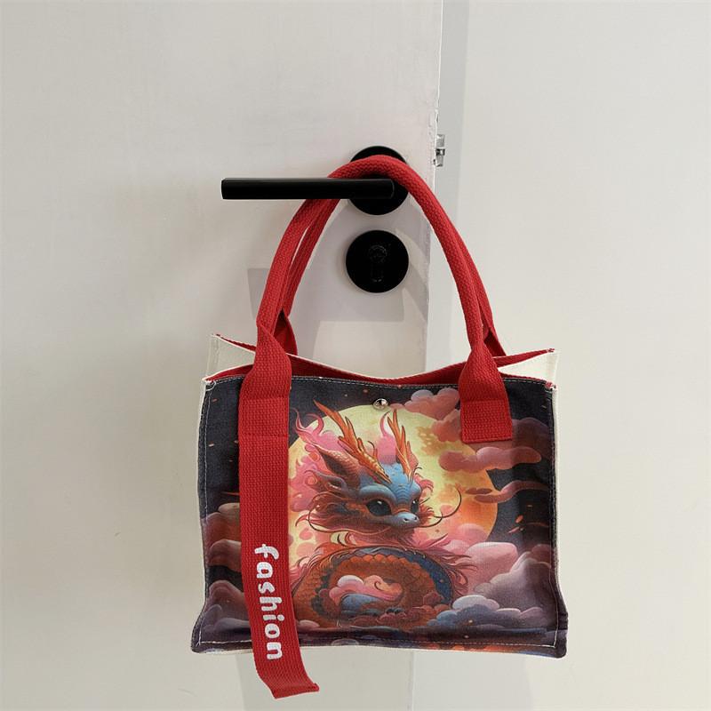 2024 Dragon Year Gift Bag Canvas Bag Commuter Tote Bag National Style Large Capacity Casual Tote Bag Underarm Bag