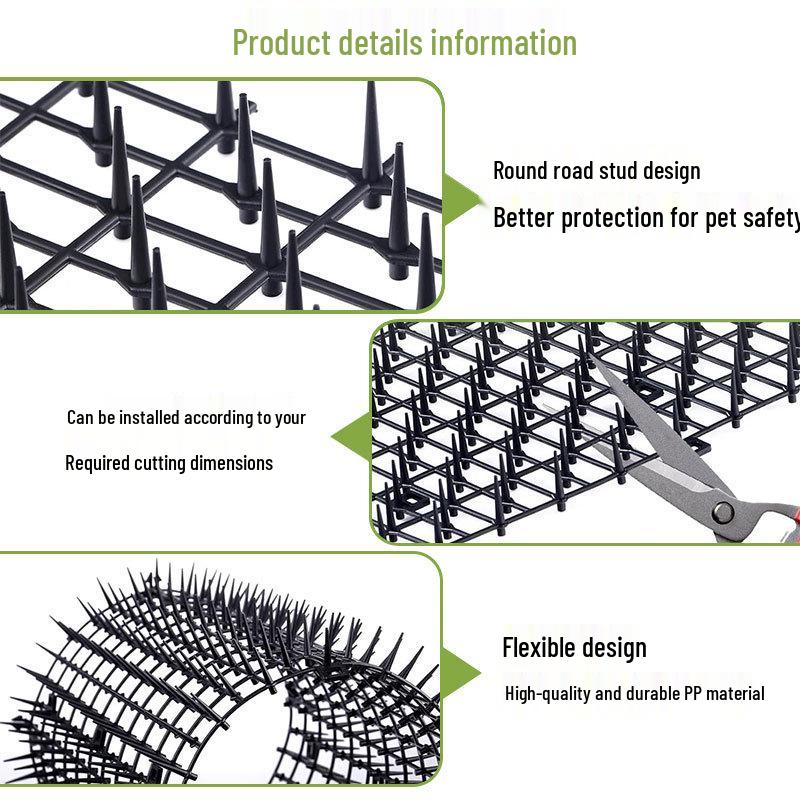 Black 2x4m Plastic Anti-Cat Spike Mat for Balcony and Garden Cat Deterrent.