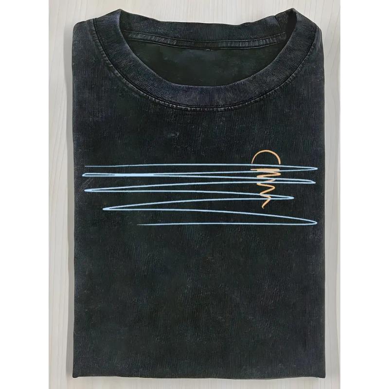 

Vintage Washed Cotton T-Shirt with River Wave Print - Casual Loose Fit, Round Neck, Short Sleeve, All-Season Comfort, Relaxed Fit Shirt 5XL чорний