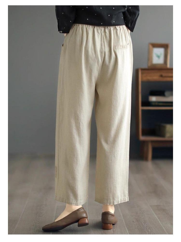 2025 Eleganckie Krótkie Bawełniane Spodnie Proste Damskie Retro Duży Rozmiar Luźne Spodnie z Panelami z Koronki Wiosna Lato Casual Szerokie Nogawki