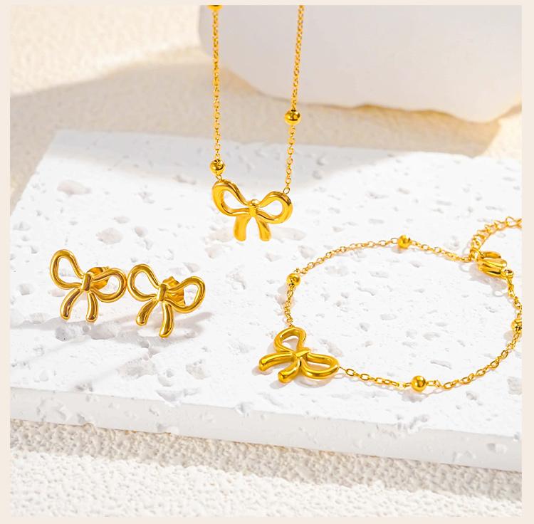 Stainless Steel Bowknot Jewelry Set Tarnish Free, Women's 3pcs Necklace Bracelet Stud Earrings, Beaded Chain Minimalist Jewelry
