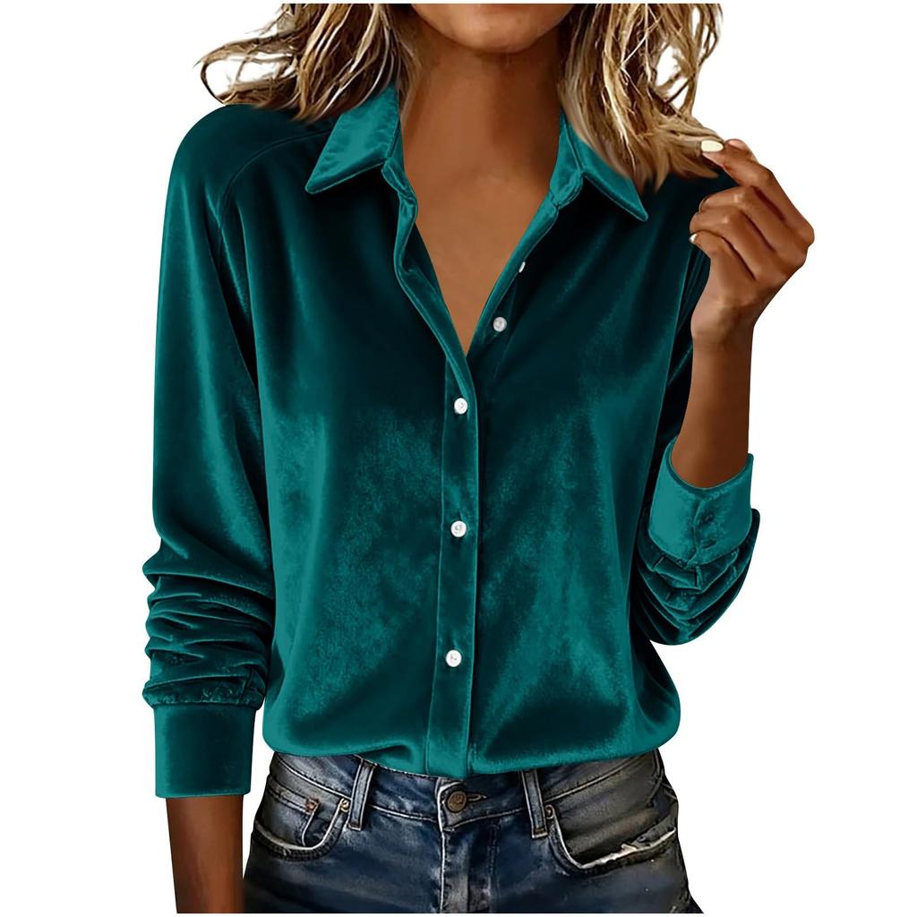 Women's Fashionable Color Lapel Long Sleeved Casual Loose Gold Velvet Shirt Top