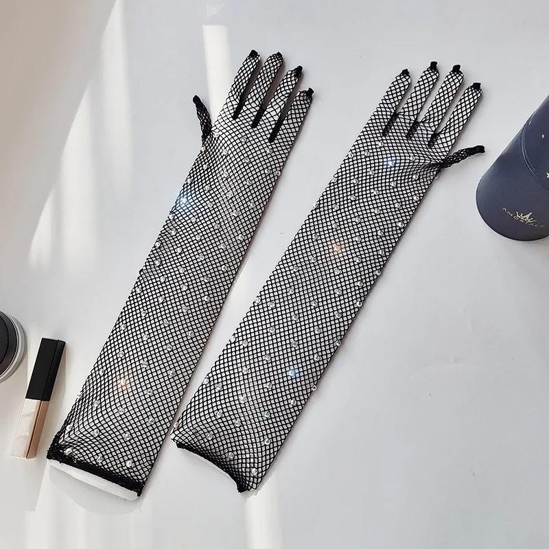 Sexy Netzhandschuhe für Damen, dünnes, hohles, glitzerndes Bohrmuster, Ballsaal, Pole Dance, Halloween, Rollenspiel-Accessoires