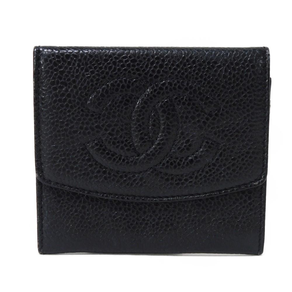 Used 10097 Compact Flap Wallet 7943 COCO Mark CC Mark 3rd Series Vintage Deca Coco Caviar Skin Black Unisex from Japan