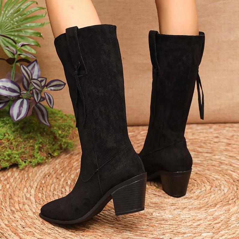 Fashion Fleece Thicken Warm Boots Women Winter 2025 Retro Slip On Faux Suede Mid Calf for Woman Pointed Toe High Heel Botas Mujer