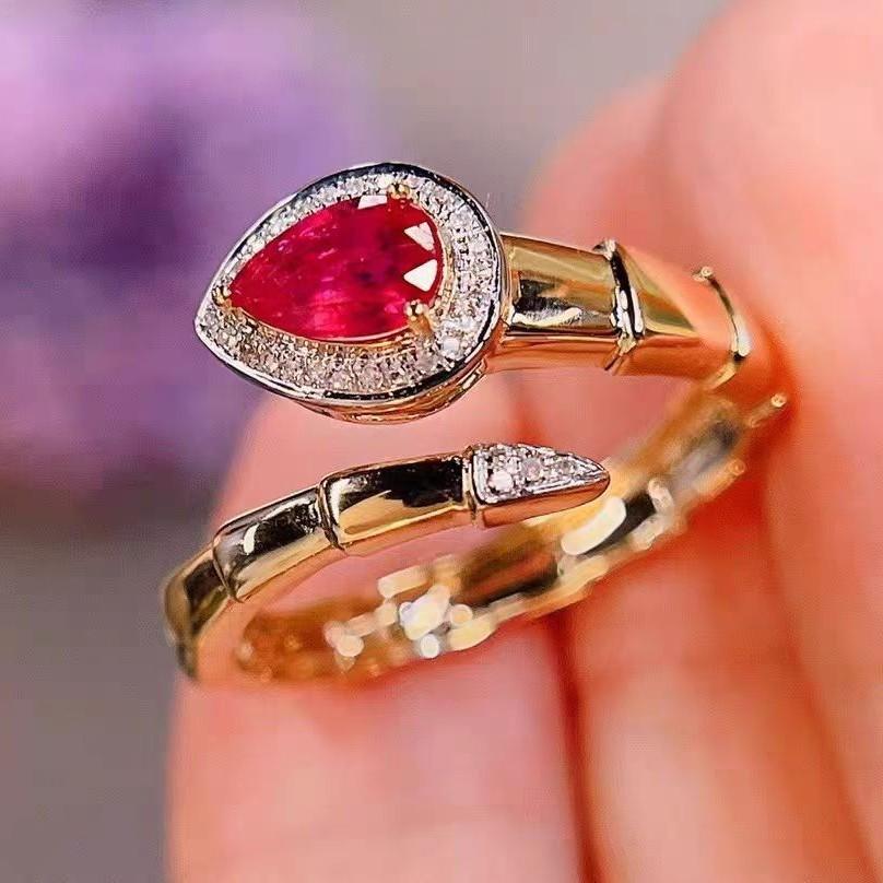 Copper Adjustable Unique Gold Plated Snake Ring For Women Featuring Elegant Red And Green Accents Gemstone