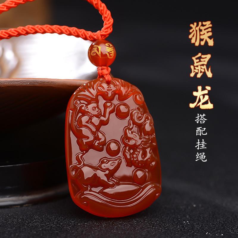 

Twelve Zodiac Signs Natural Red Agate Three-Combination Pendant Snake, Rooster, Ox Tiger, Horse, Dog Pig, Rabbit, Sheep, Monkey, Rat, Dragon pendants Monkey, Rat, Dragon（Com