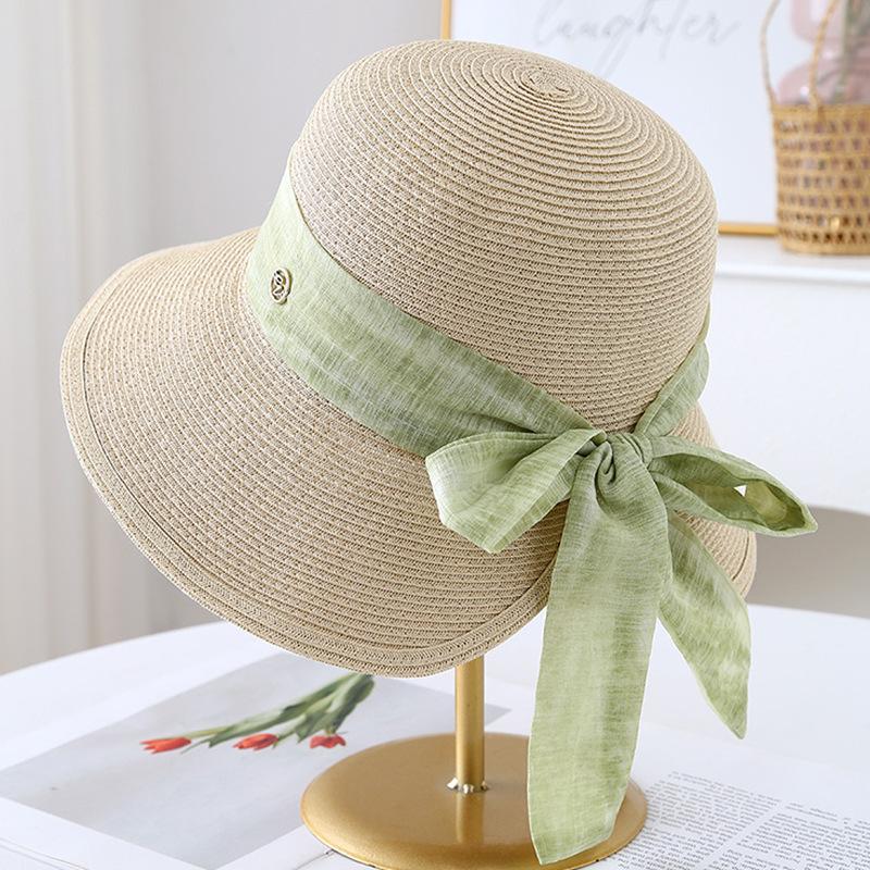 Elegant Webbing Big Eaves Sunshade Straw Hat Women's Summer Leisure Versatile Sunscreen Basin Hat Vacation Bucket Hat
