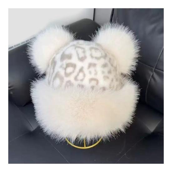 Winter Hat Retro Style Leopard Print Plush Trim Windproof Hat Bear Ear Decor Thickened Warm Women Hat