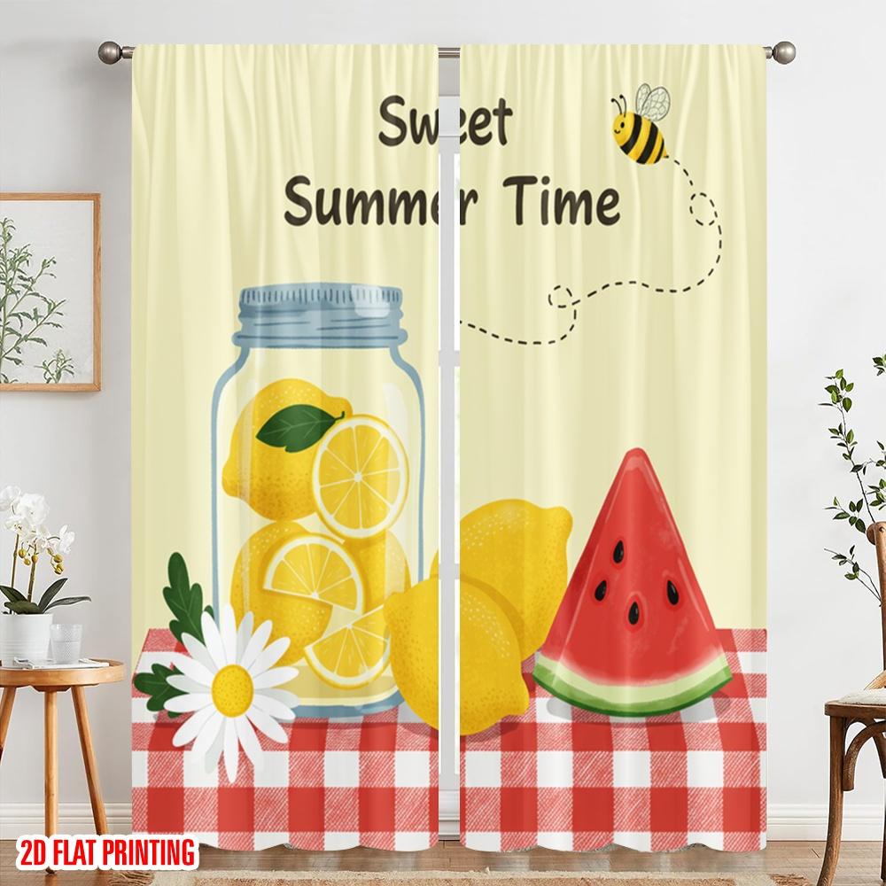 2pcs 2D Flat Printing Window Drapes Sweet Summer Time Lemonade 100% Polyester Without Electricity Seasonal Party & Holiday Decor