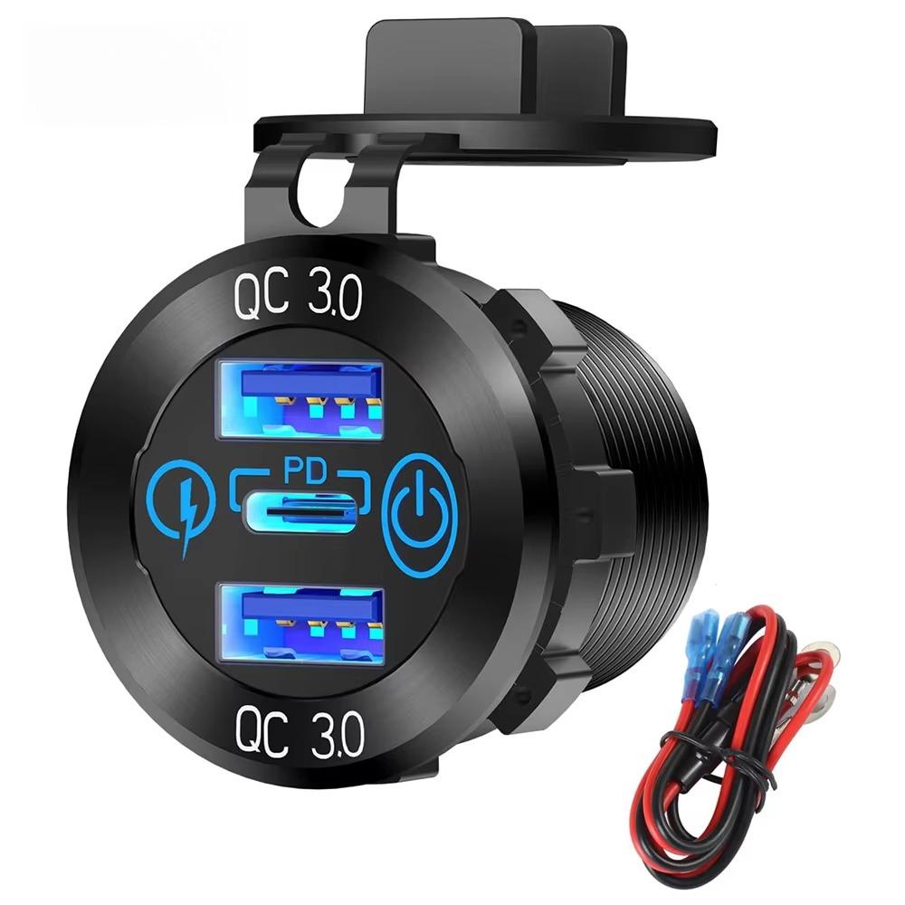 Car USB Charger Socket Metal 60W Cars Accessories 12/24V USB Outlet PD USB-C & Two QC3.0 Ports Touch Switch for Boat Marine