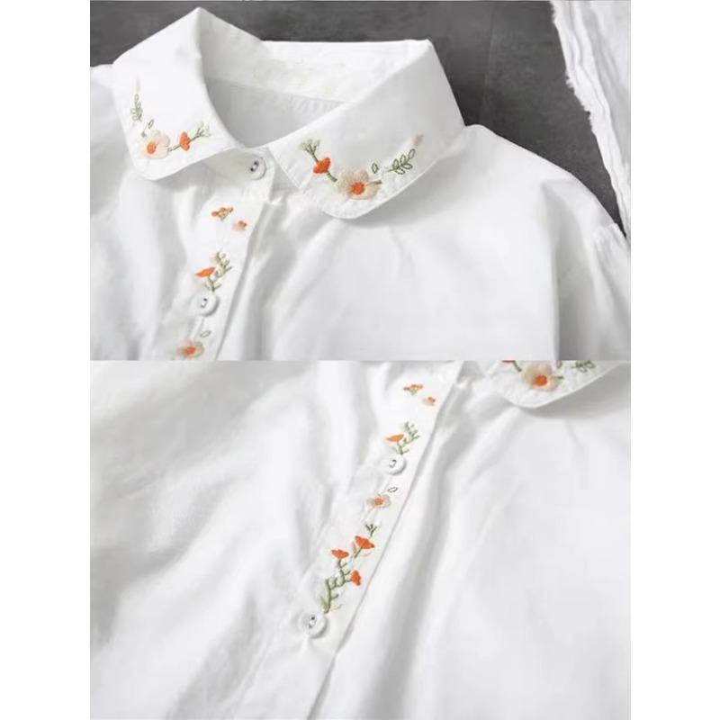 White Cotton Shirts Women Turn Down Collar Embroidered Long Sleeve Blouse Spring Autumn Loose Casual Tops Button Lapel Office Sweet Simple Clothing