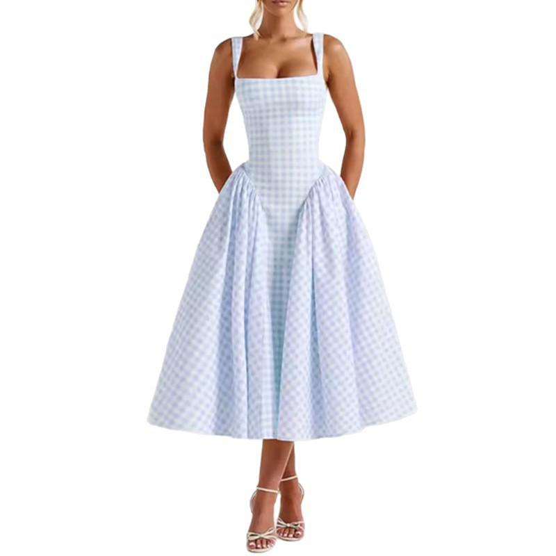Women's clothing, new spring models in Europe and America, sweet style sub-square neck suspender waist dress