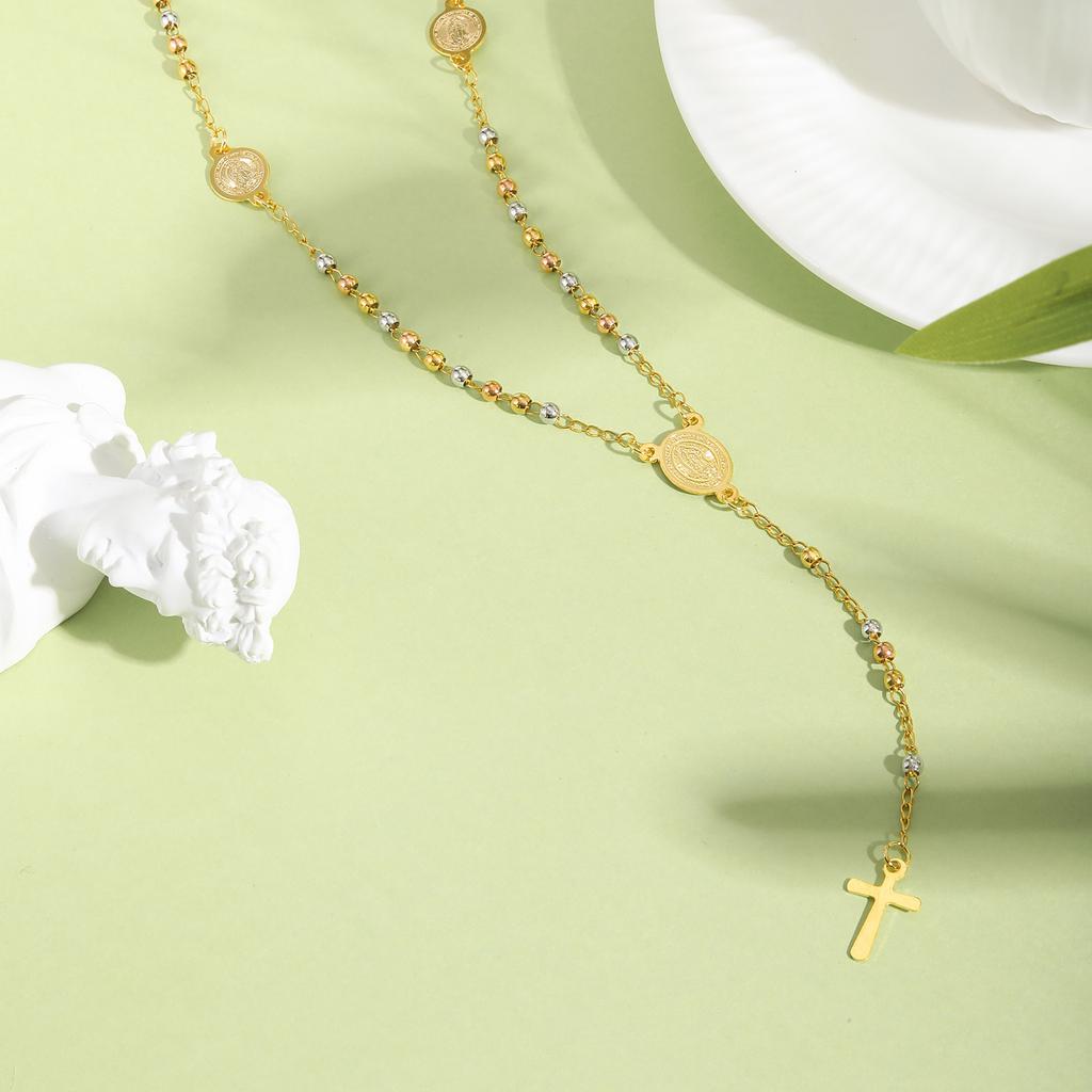 Stainless Steel Virgin Vrand Three-color Beaded Y-Shaped Necklaces for women,The Holy Spirit Cross Pendant Necklace,Jewelry Gift