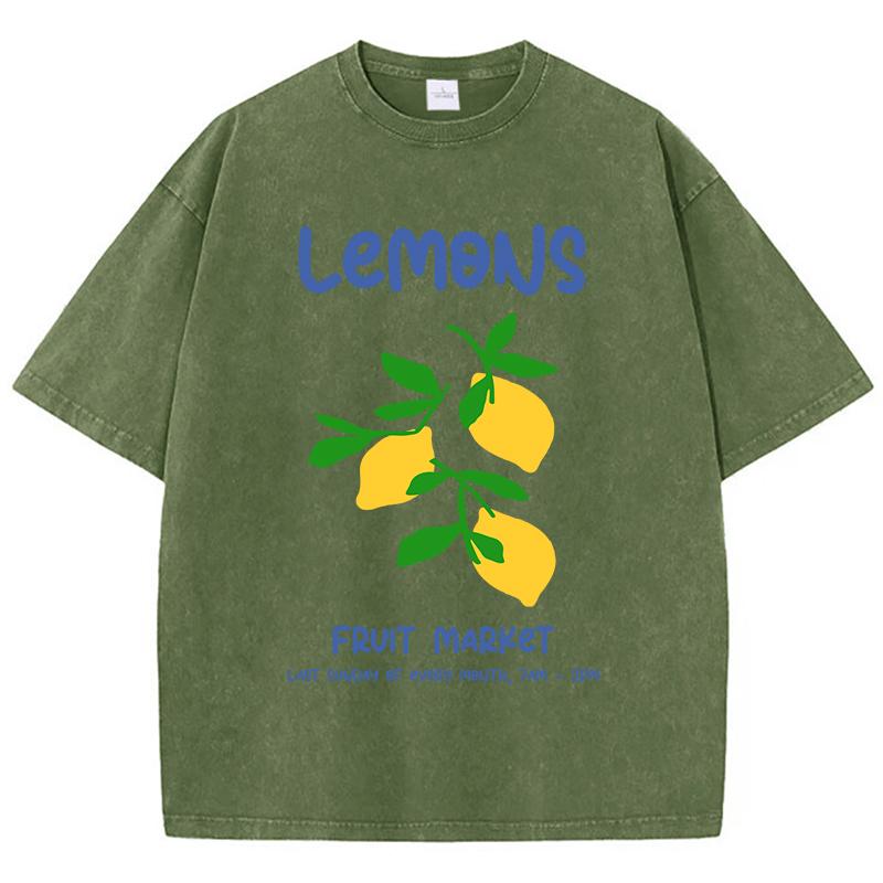 

Lemons Fruit Market Printing Washed TShirts Women Cotton Tops Distressed ONeck Comfortable Streetwear Summer Woman Clothes S