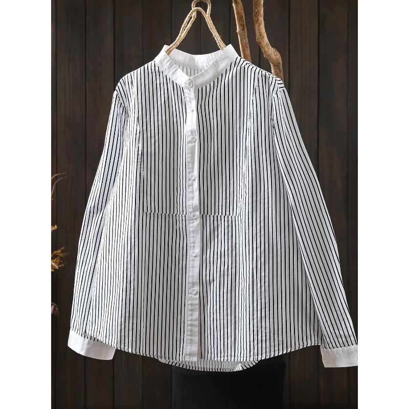 

Женская хлопковая рубашка в полоску с воротником-стойкой, повседневная, свободная, с длинным рукавом, на пуговицах, блузка L белый