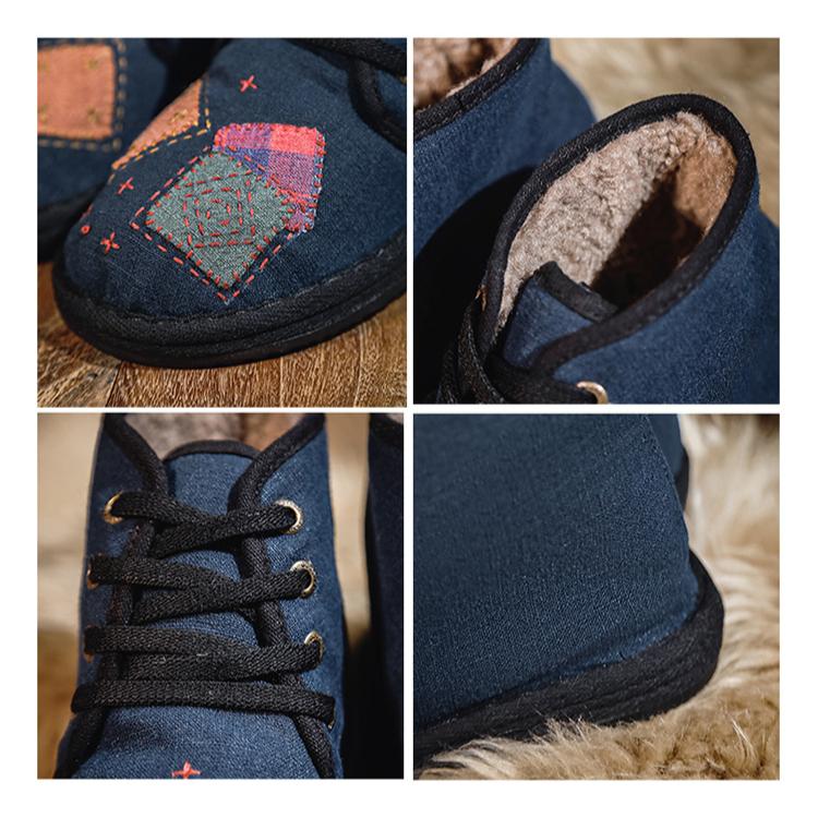 Johnature Plush Warm Cotton Shoes Handmade Embroidered Soft Sole Cloth Shoes Retro Women's Short Boots