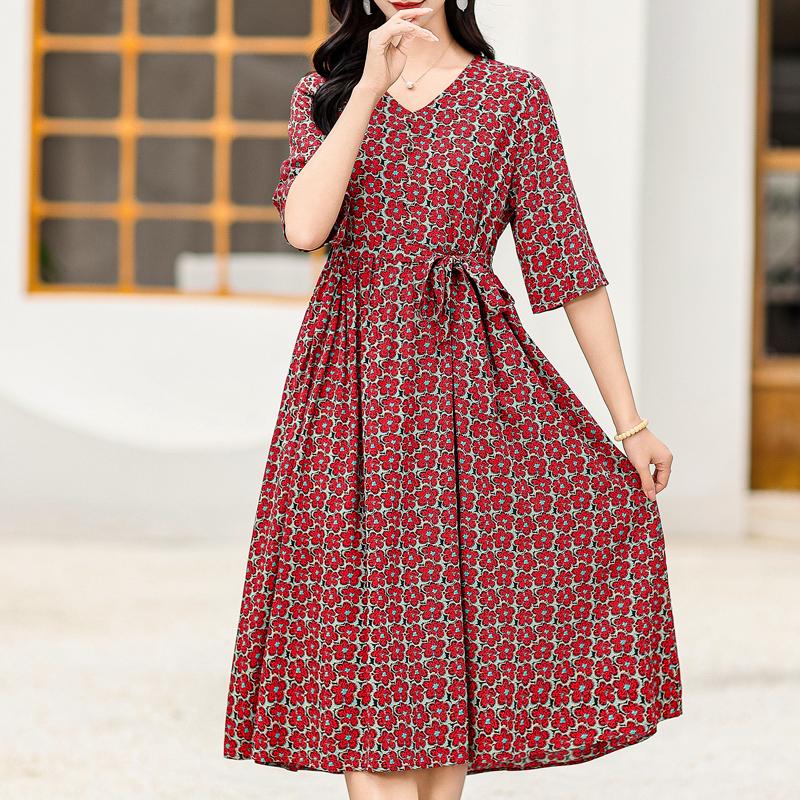 Elegant Women's Summer Dress Plus Size Half Sleeve Vintage Print Long Dresses Female Summer Clothes