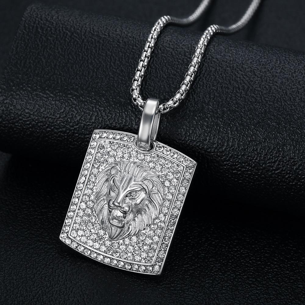 Hot New Hip Hop Jewelry Titanium Steel Gold Plated Diamond Inlaid Animal Lion Head Pendant Necklace