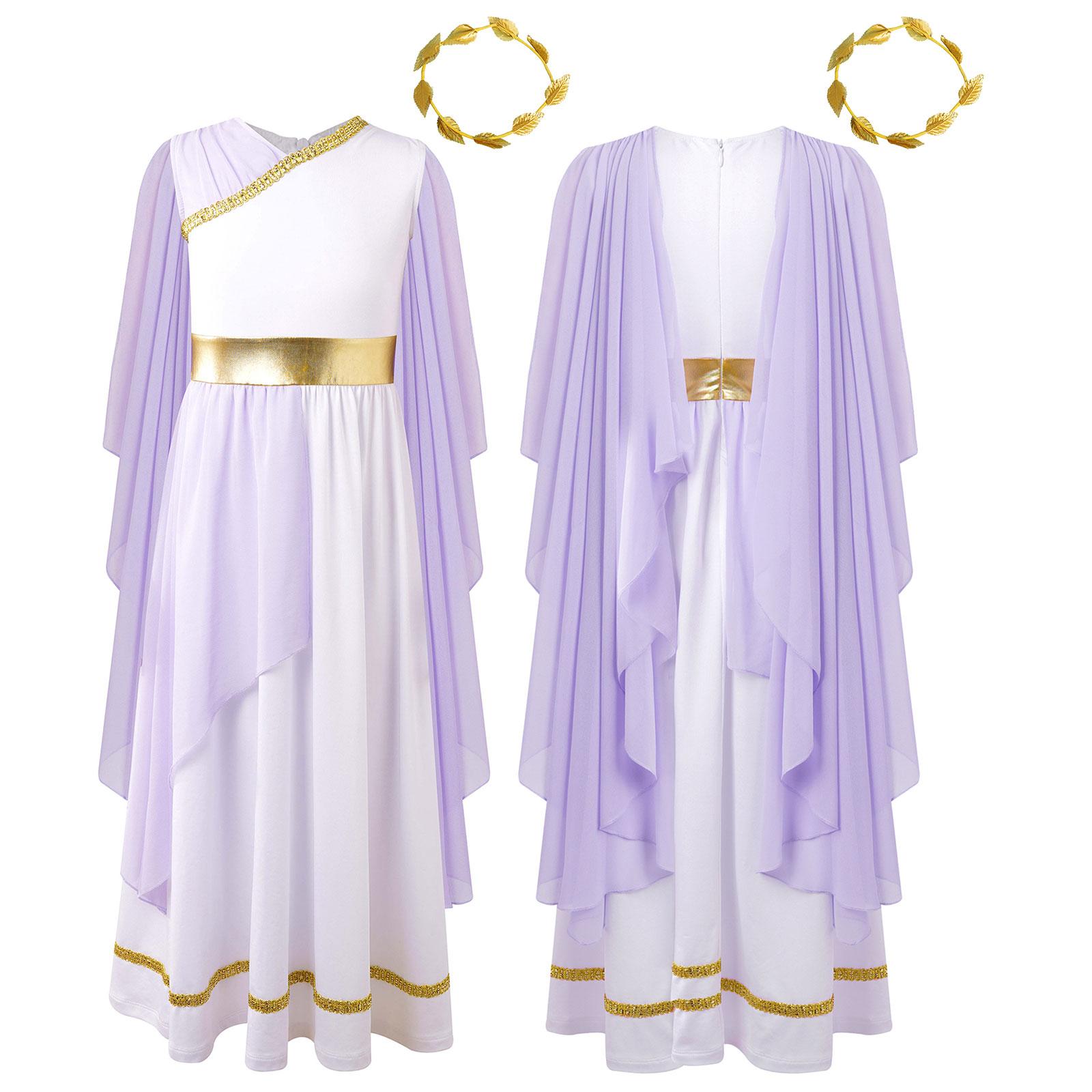 Meisjes Athena Kostuum Griekse Prinses Jurk Oude Griekenland Romeinse Toga met Laurier Hoofddeksel Halloween Carnaval Cosplay Outfits Sets 8 white
