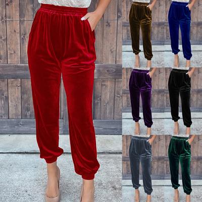 Women's Ladies Gold Velvet Trousers Straight Trousers Elastic Waist Casual Pants