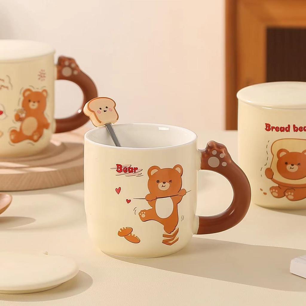 Keramické hrnky Milk Fufu Roztomilé hrnky s medvědem z chleba Hrnky na kávu a mléko pro pár do kanceláře i domů Lžíce s víčkem