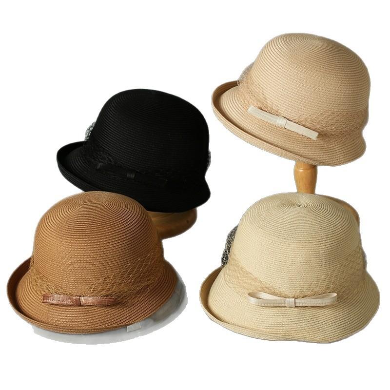 Hepburn-Stil gewellter Rand Fischerhut Kinder Sonnenschutz Strohhut Seide Hanf kleine Schleife Becherhut Imitation Hanf Sonnenhut Erwachsener