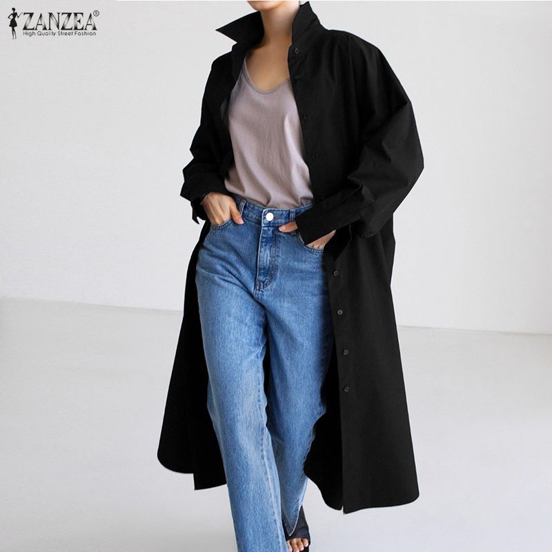 ZANZEA Blouse Longue Décontractée Ample à Manches Longues et Col Rabattu pour Femme