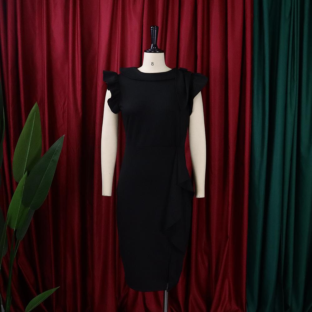 Large Size Women Summer Fashion Solid Ruffled Dress Ladies Elegant One Piece Slit Dress