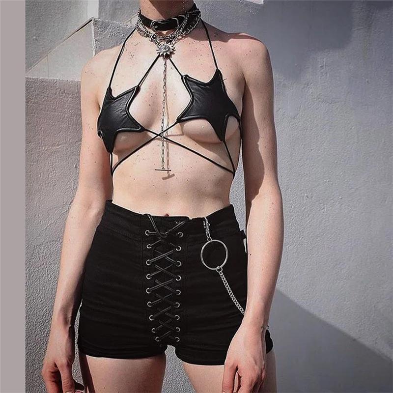 Sexy Women Leather Star Shape Strappy Bra Bustier Crop Top Bralette Hanging Neck Bandage Bra Reflective Silver Nightclub Vest