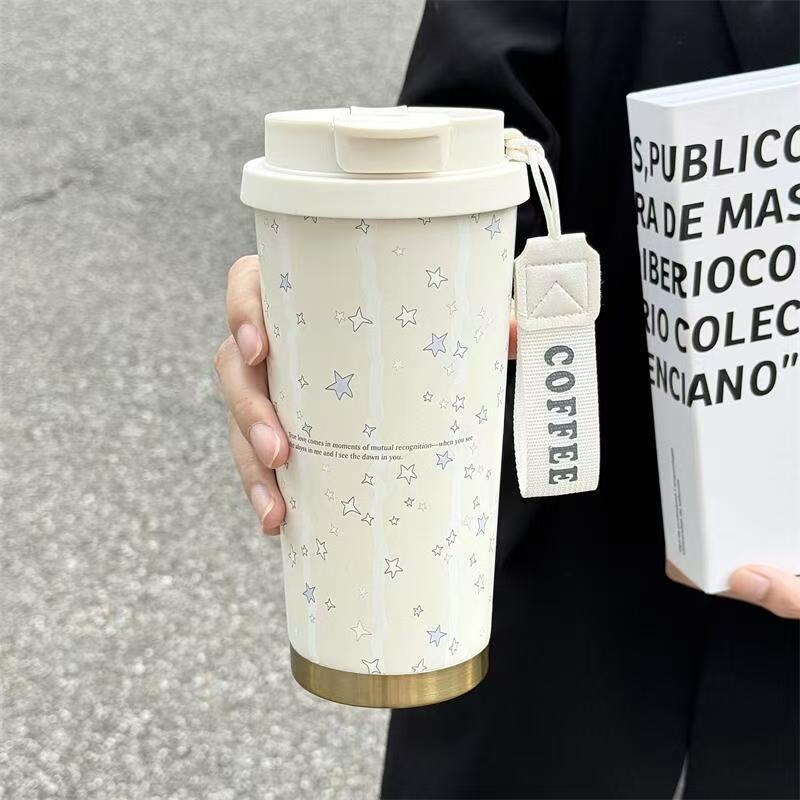 

500ml Stars Print Coffee Thermos Cup 316 Stainless Steel Double Wall Vacuum Flask Portable Travel Mug with Handle Office School 500ml