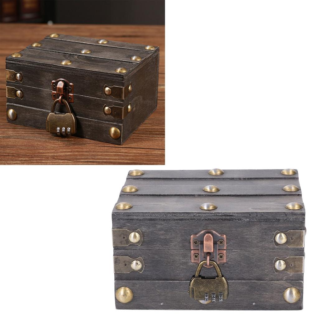 Vintage Wooden Storage Box 145x120x85mm Multifunctional Decorative Treasure Chest Box with 3 Bit Lock