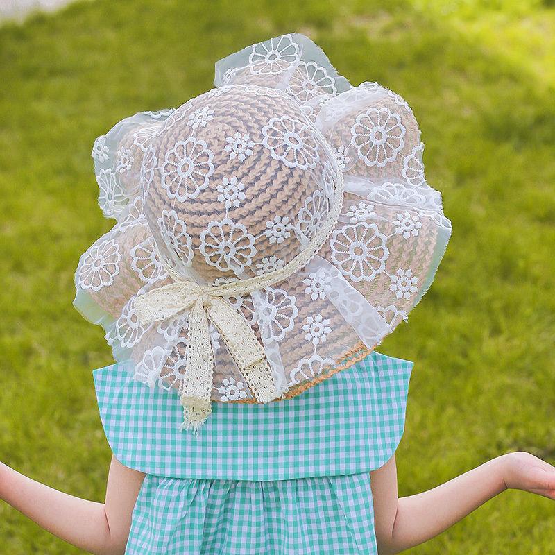 Girls Summer Lace Brim Bucket Hat Baby Sun Protection Cap Stylish Wide Brim Beach Hat for Toddlers Outdoor UV Shield