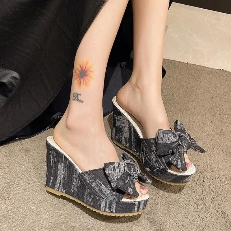Fashion Wedges Denim Slippers Women 2024 Summer Platform Mules Bow Knot Sandalias Mujer Slides Woman 10cm High Heels Beach Shoes Slides