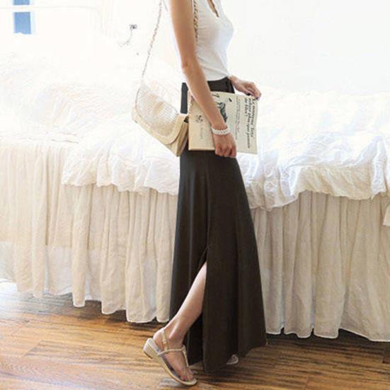 Women Maxi Skirt Adjustable Drawstring High Waist Side Slit Large Hem Long Skirt Solid Color A-Line Skirt
