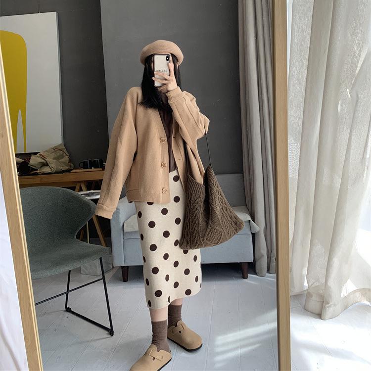 Pencil Skirt Women's Fashionable Polka Dot Knitted Midi Skirt High Waist Slim-Fitting Thickened Slit Skirt