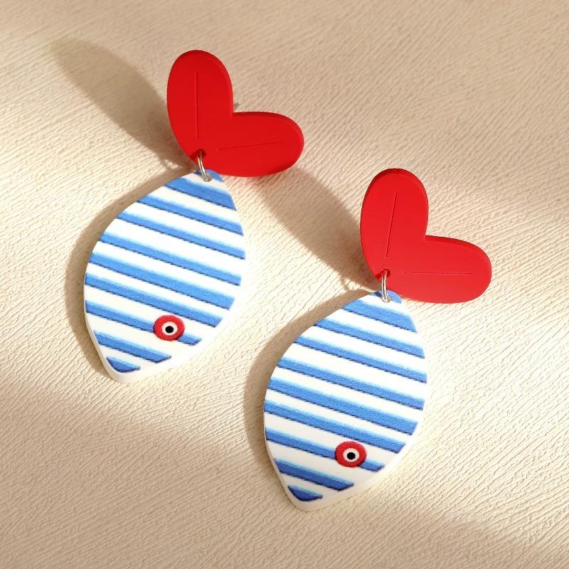 Summer Beach Vintage Striped Fish Dangle Earrings for Women Cute Red Heart Acrylic Drop Earrings Jewelry Accessories