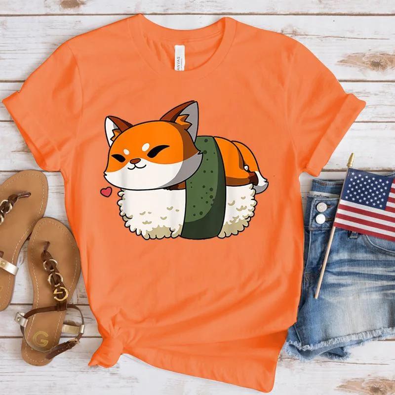 Harajuku T-shirts Sushi Fox Print Funny Cartoon T Shirt Women Ullzang Fashion T-shirt 90s Kawaii Tshirt Graphic Top Tees Female